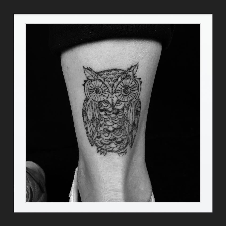 Dot Work Owl Tattoo On Back Leg