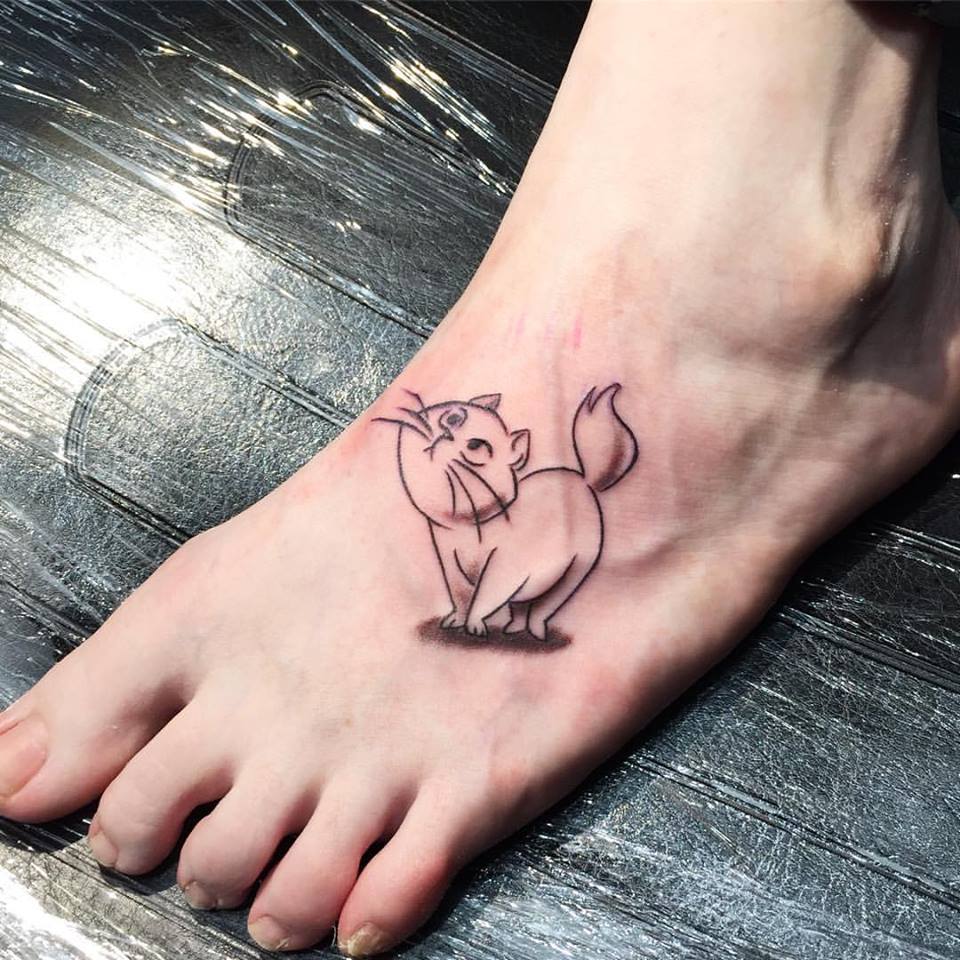Elegant Line Work Cat Tattoo On Foot