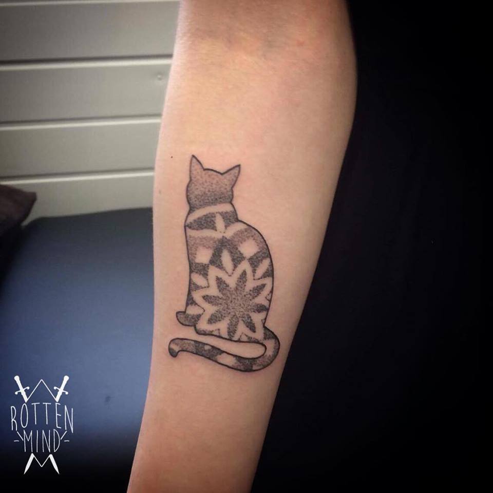 Fascinating Dot Work Cat Tattoo On Arm