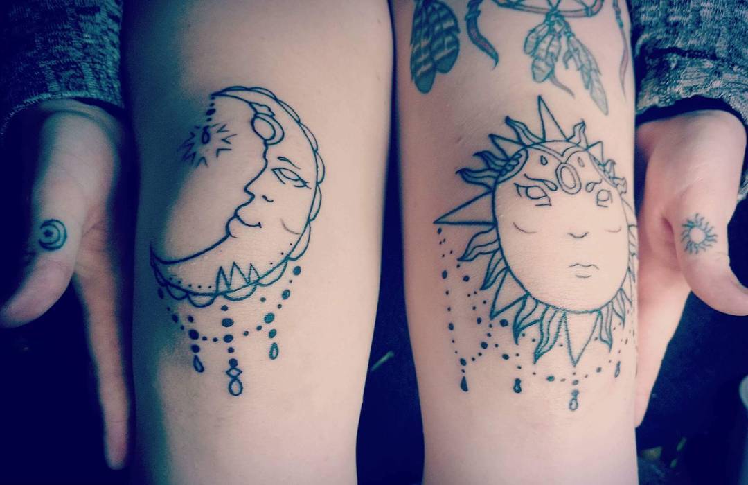 Graceful Line Work Sun And Moon Tattoo