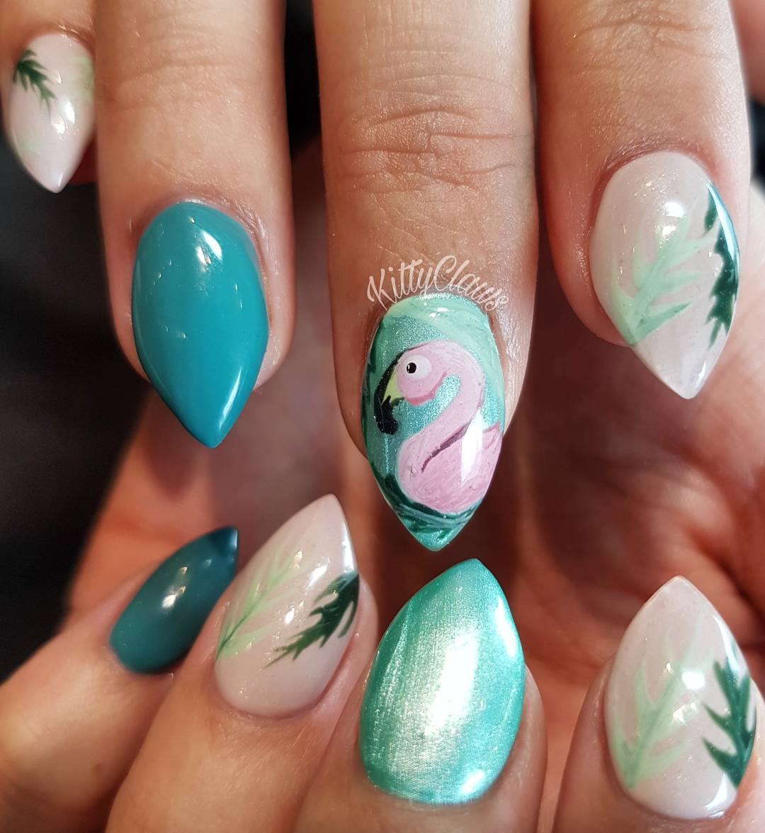 Handprinted Flamingo On Teel & White Nails