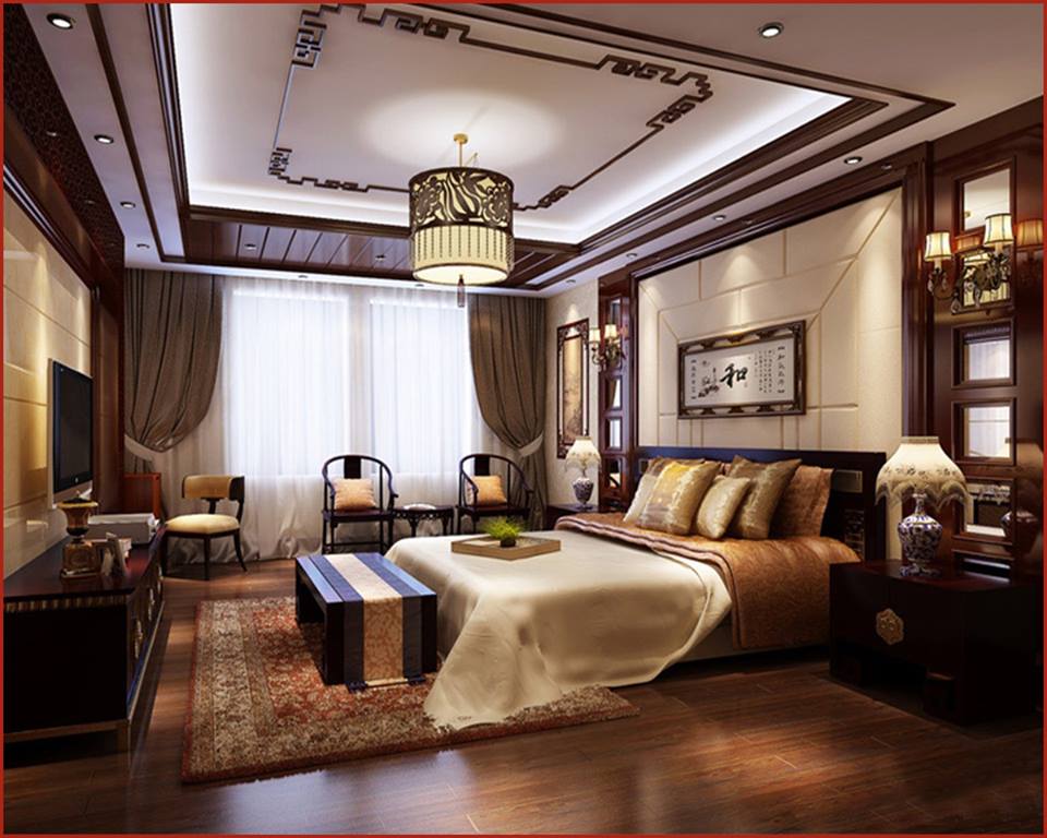 Master Bedroom With Nice Wooden Work And Ceiling Design