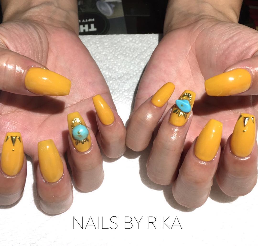 Mustard Yellow Coffin Nails Decorated With Turquoise Stone