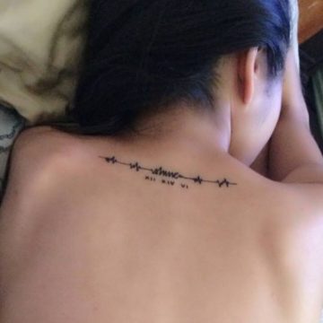 Name Of Partner In Roman Numerals With Heartbeat Inked On Upper Back
