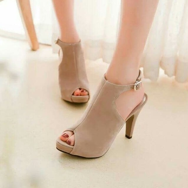 Nude Spike Heels Flock Pumps With Back Buckle Strap