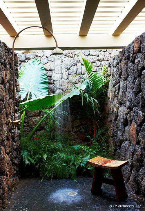 Open Space Rain Shower With Stone Wall And Sitting