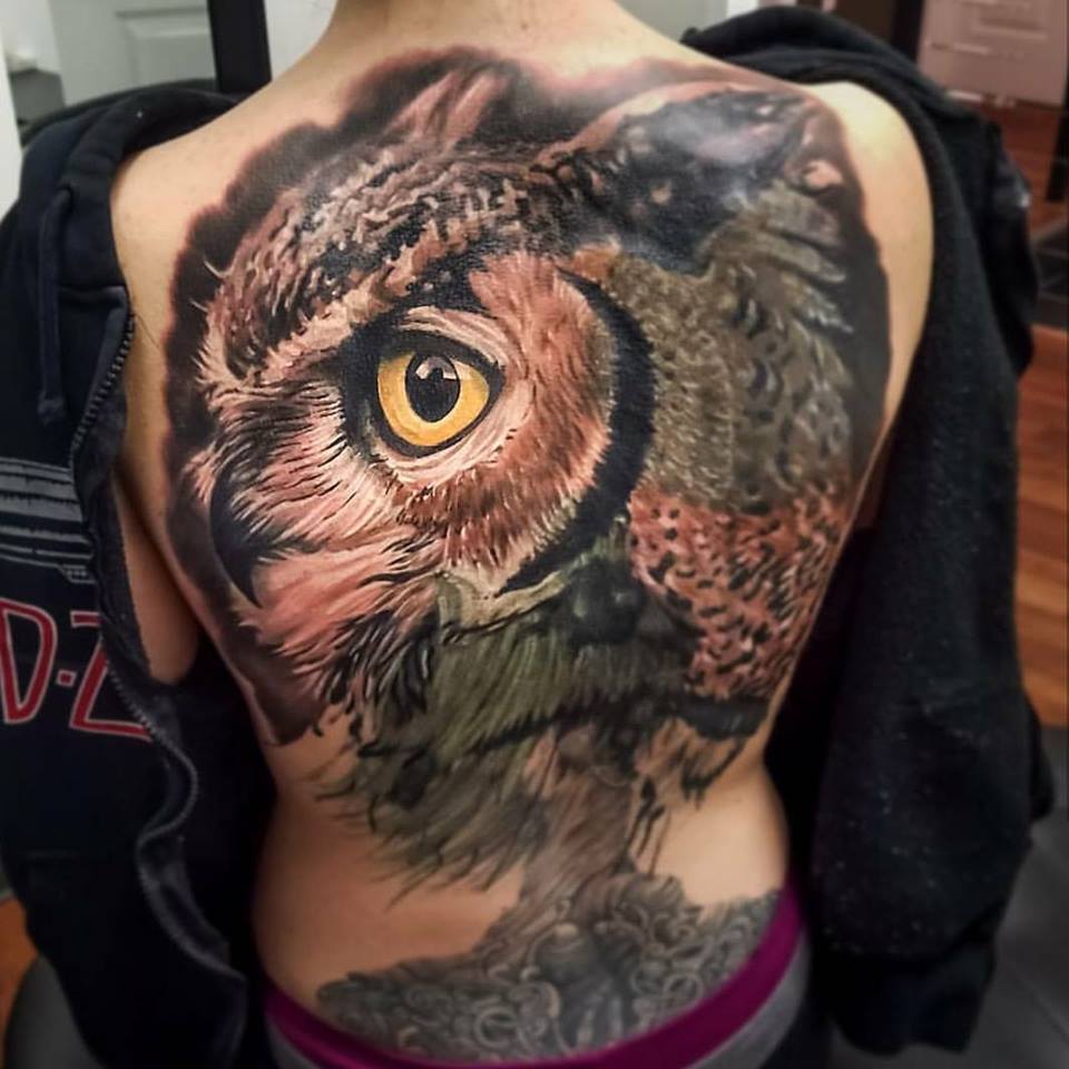 Pretty Cover Up Owl Tattoo On Back