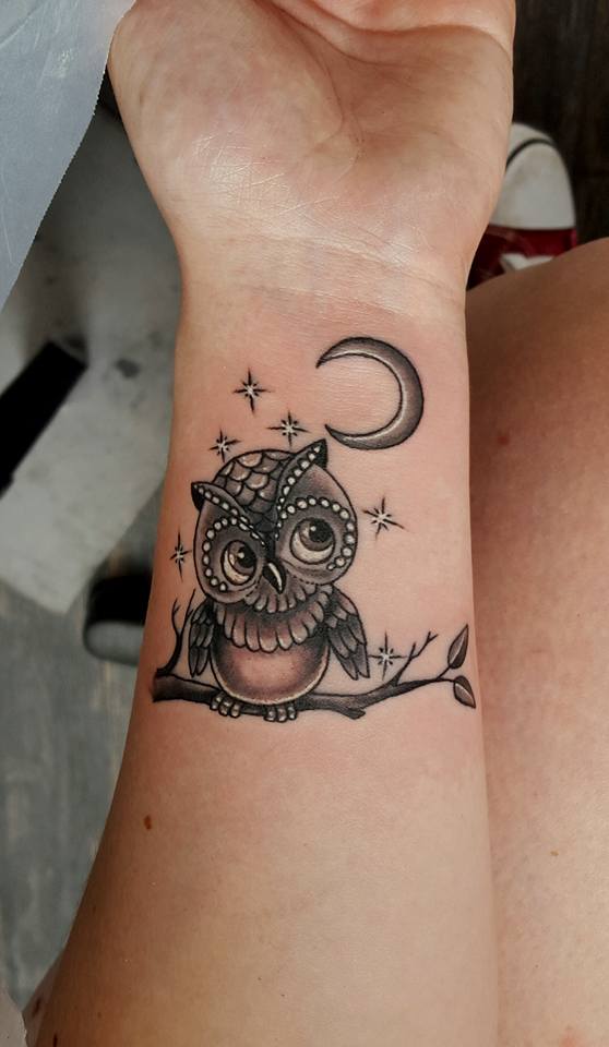 Ravishing Small Black & Grey Owl Tattoo