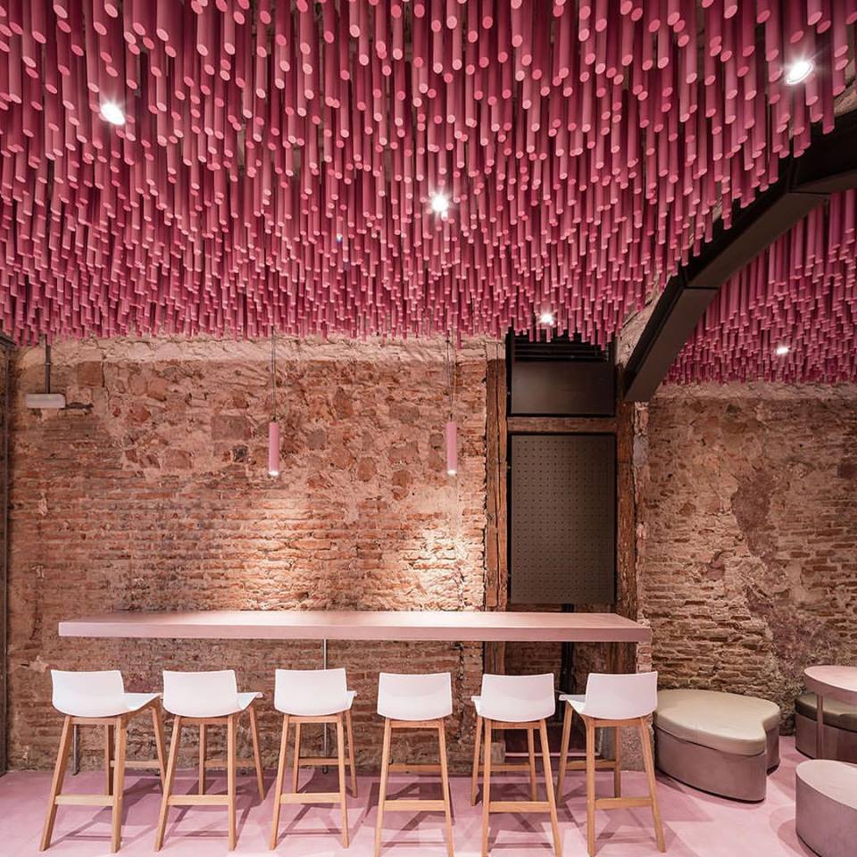 Sassy Red False Ceiling With Brick Wall Looking Gorgeous