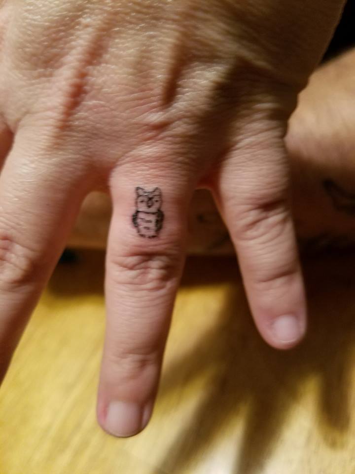 Simple Tiny Owl Tattoo On Ring Finger