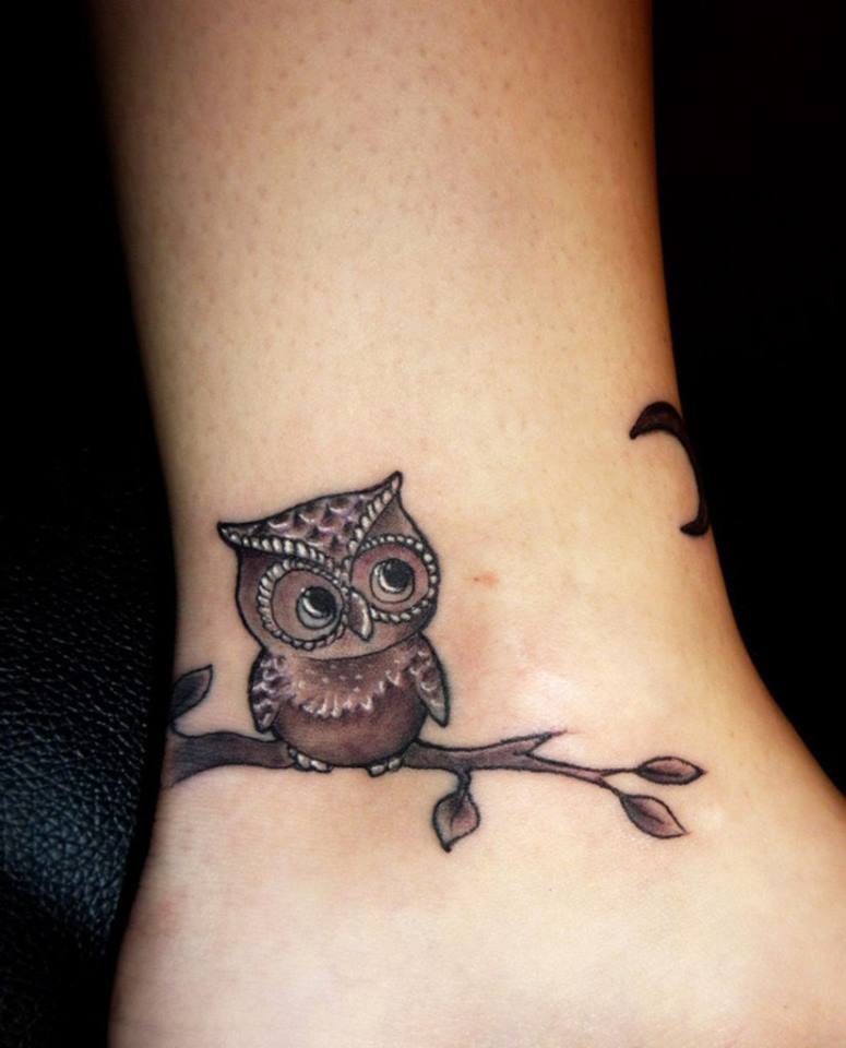 Small Owl Sitting On Tree With Moon Inked On Ankle