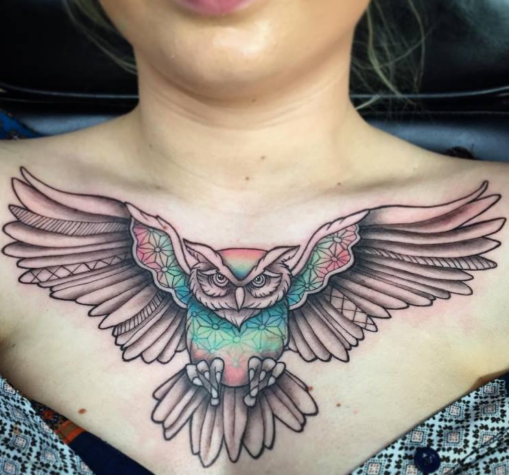 Sophisticated Geometric Owl Tattoo On Chest