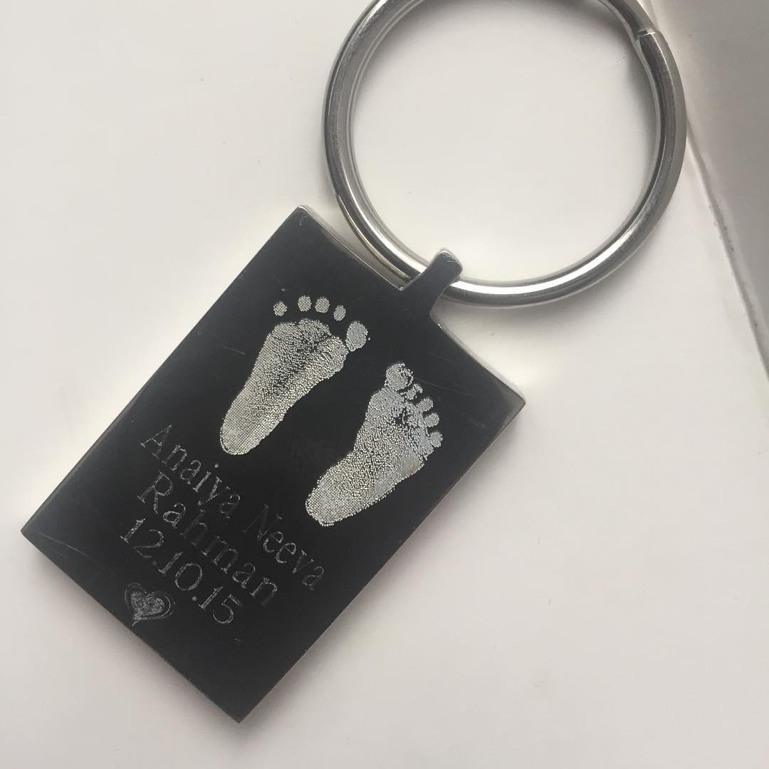 Stainless Steel Rectangular Keychain With Tiny Baby Handprints Name And Date