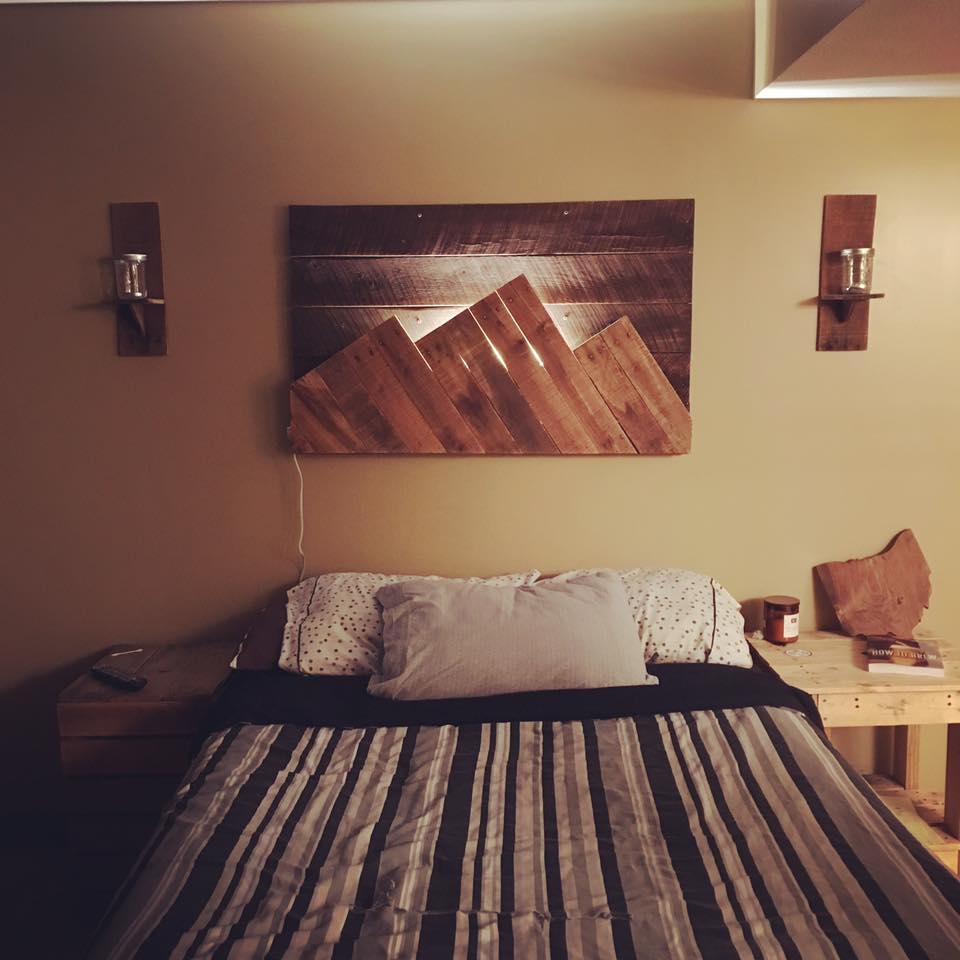 Stylish Rustic Bedroom With Newshutz Builds LED Light Mountain Range Wall Decor