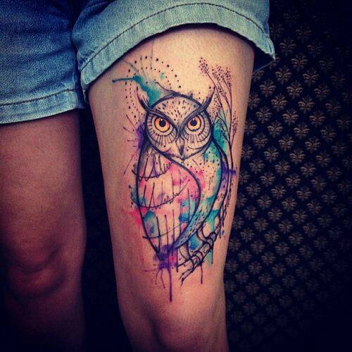 Unique Water Color Owl Tattoo On Thigh