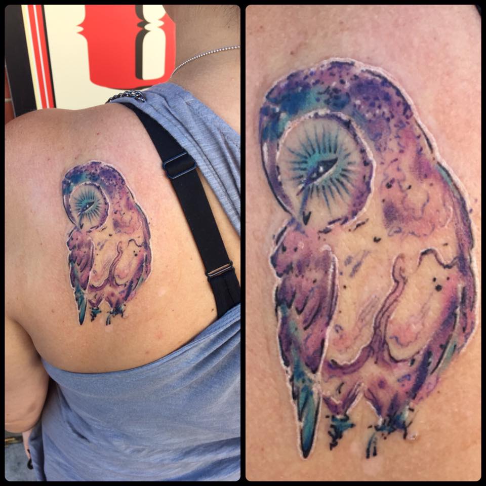 Water Color Owl Tattoo On Back Shoulder