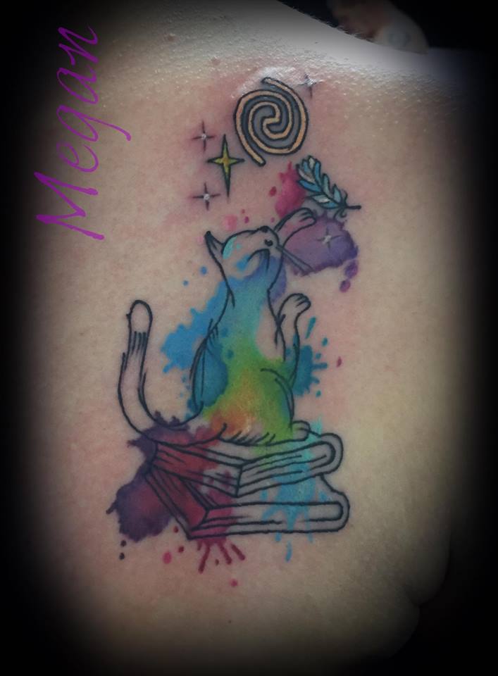 Watercolor Cat Tattoo With Books On Shoulder