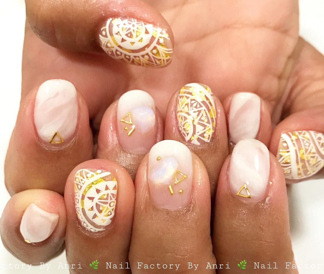 White & Golden Handprited Wedding Nail Art