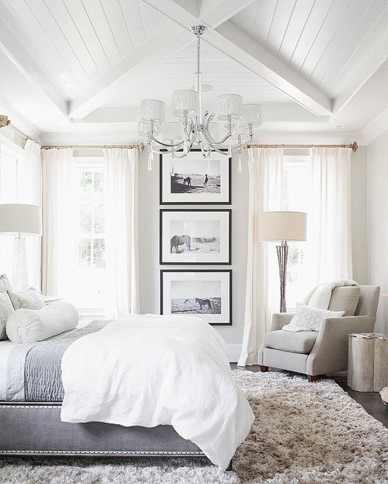 Wonderful Vaulted Ceiling Design In White Theme Bedroom