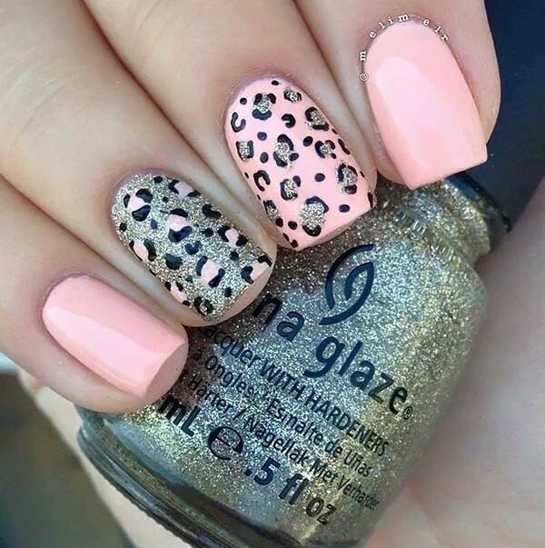 Adorable Pink Nails With Shimmer Leopord Print