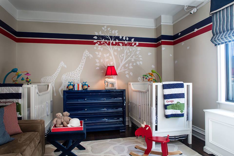 Alluring Jungle Theme Wall Paint, Blue, Red & White Twins Nursery Room Design