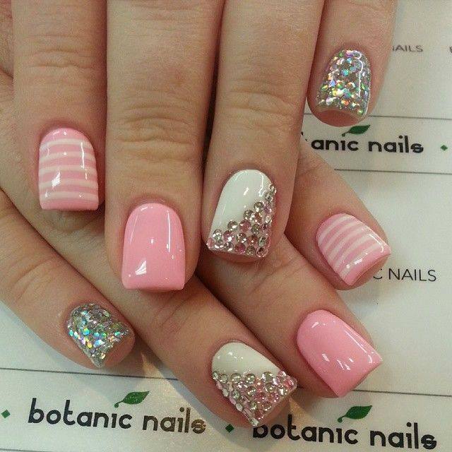 Alluring Pink Stripes Nails With Rhinestone