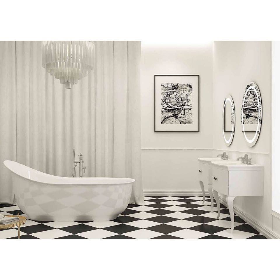 Art Deco Style Contemporary Bathroom With Beautiful Chandelier, Wall Decor, White Sink & Stylish Bath Tub