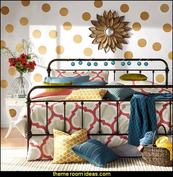 Beautiful Golden Polka Dot Wall Decor With Boho Style Bed Decor Idea