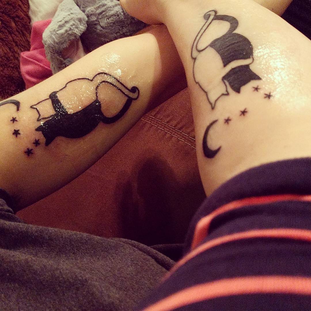 Black & White Cats With Stars & Moon Sibling Tattoo