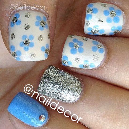 Blue & White Floral Shimmer Nails