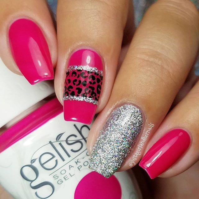 Dark Pink With Leopard Print Silver Shimmer Nails