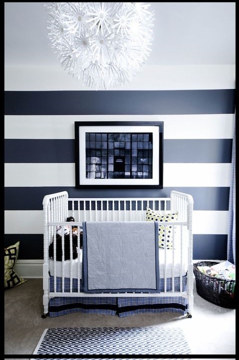 Designer Baby Boy Nursery With Stripes Wall & Chandelier
