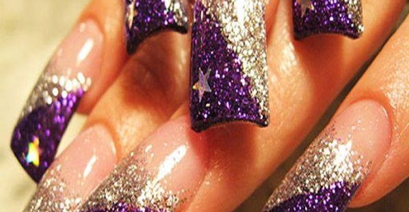 Designer Purple And Golden Shimmer Nails