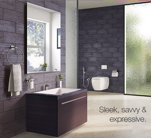 Exclusive Black Tiles In Bathroom With Modern Vanity, Glass Window, Big Mirror And Wooden Storage