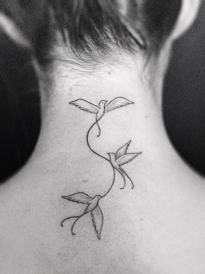 Fine Line Birds Minimalist Tattoo On Neck