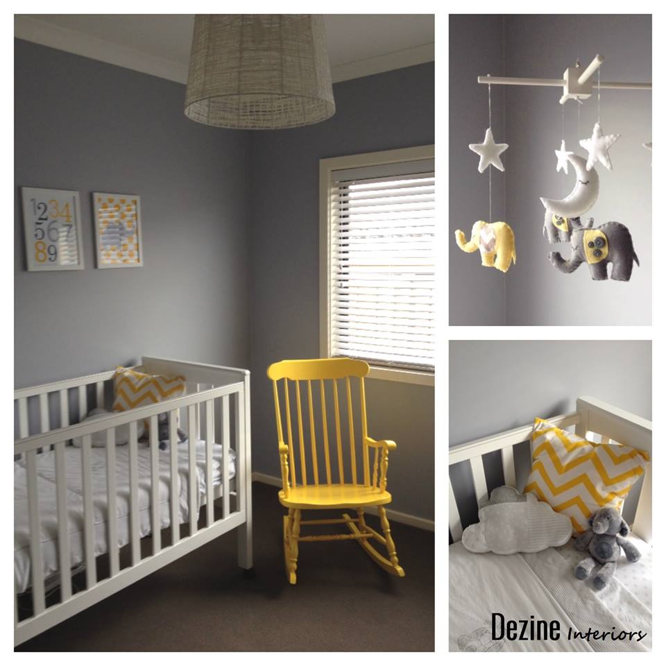 Gorgeous White Crib, Grey Wall, Mustard Chair, Zig Zag Pillow And Hanging Animals In Nursery