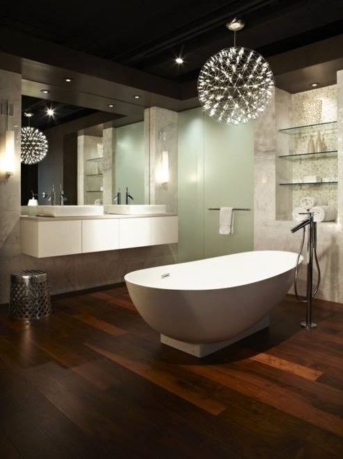 Graceful Contemporary Bathroom With White Bathtub, Big Mirror, Open Glass Shelves & Beautiful Light