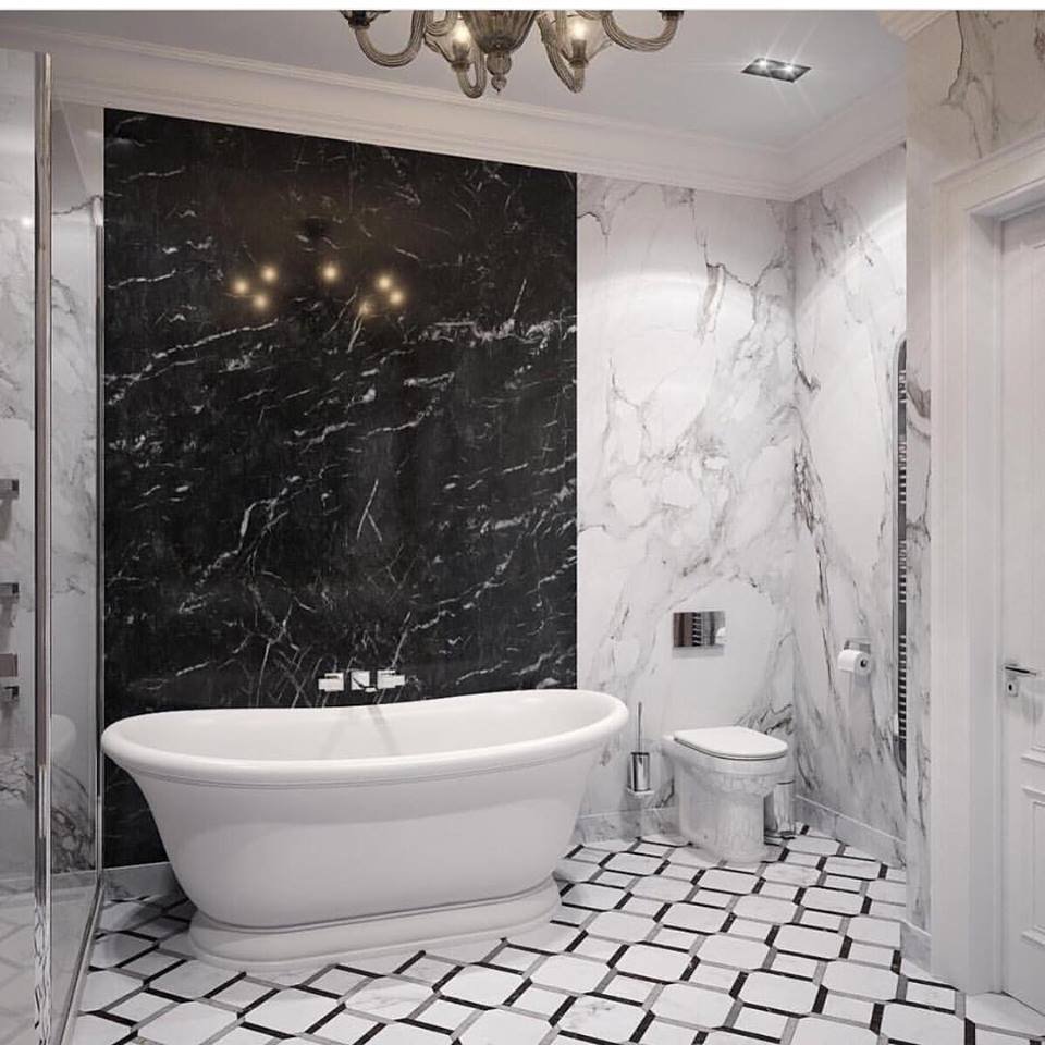 Lavish Black & White Marble On Wall With White Bathtub & Vanity