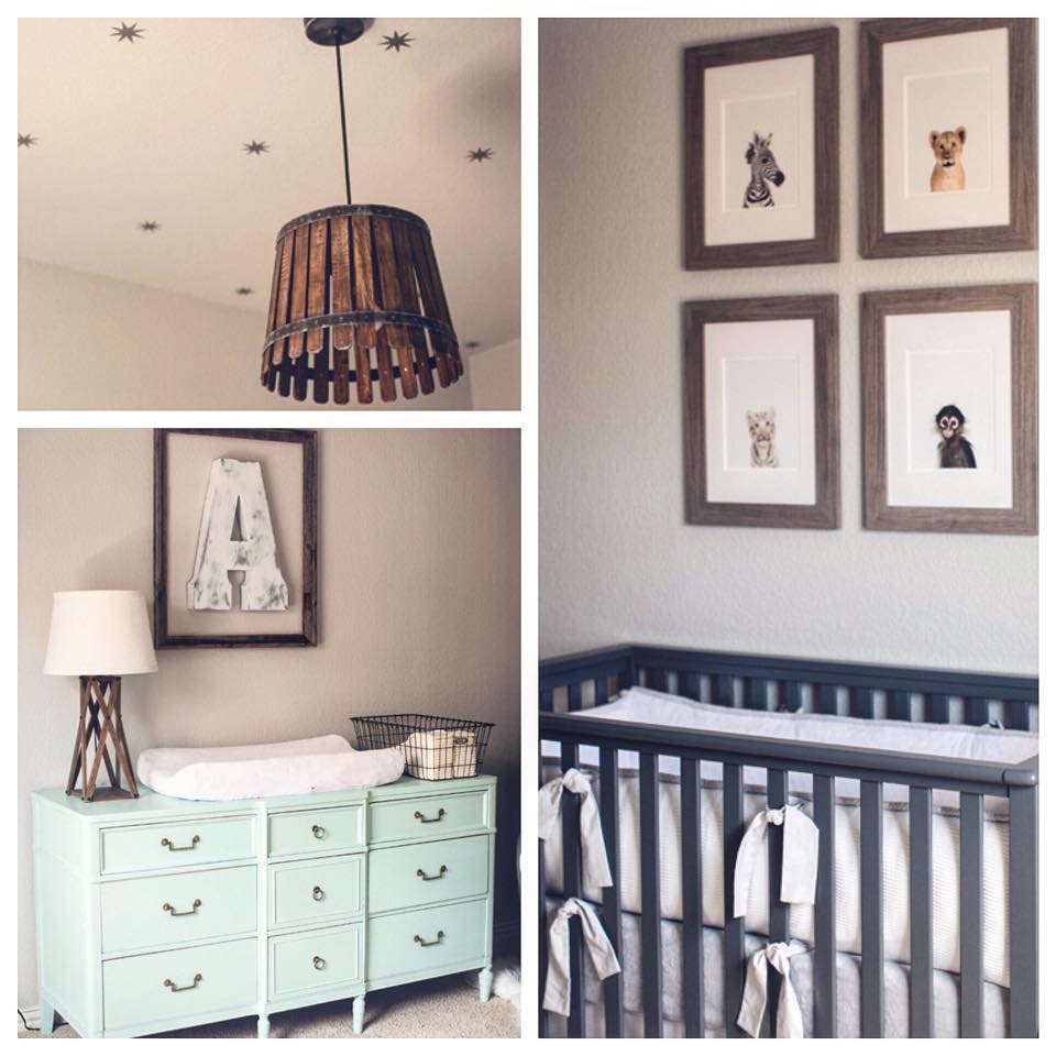 Lovely Baby Boy Nursery With Animals Paintings, Blue Shelves & DIY Rustic Chandelier