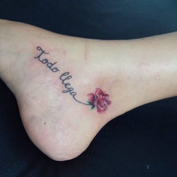 Lovely Flower With Words Inked On Ankle