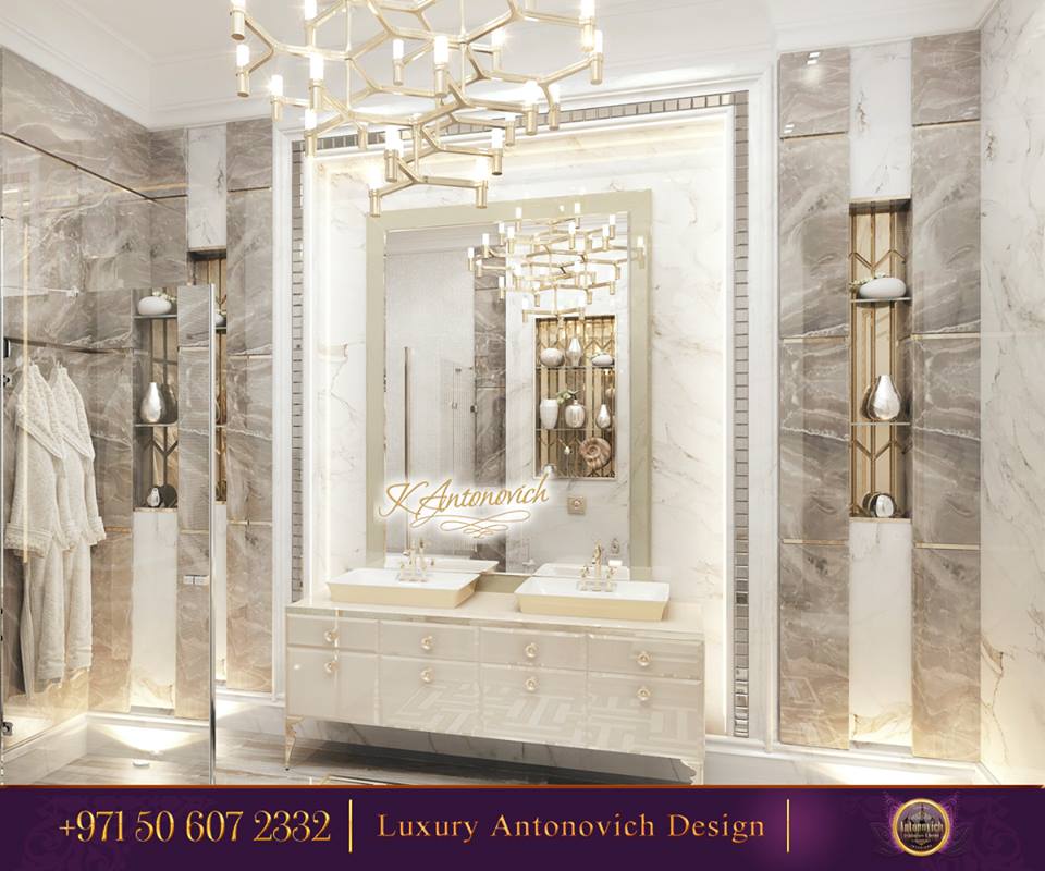 Luxury Contemporary Bathroom Design With Golden Marbles On the Walls