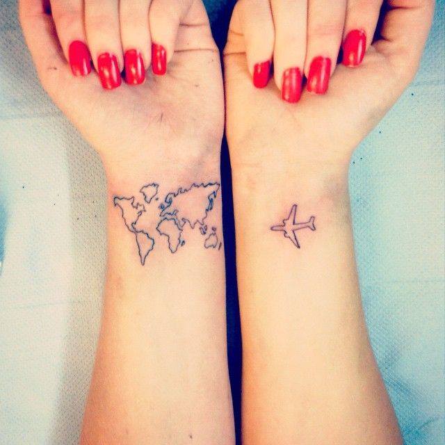 Map On One Hand And Plane On Another Minimalist Tattoo Designs