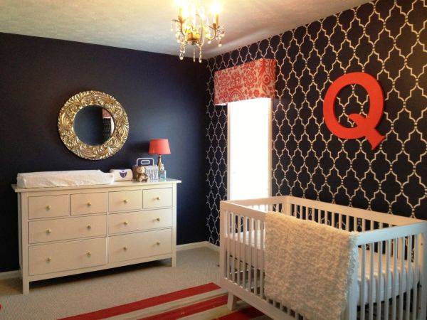 Marvellous Navy Blue Desiner Wall Looks Gorgeous With White And Red In Baby Boy Nursery Room