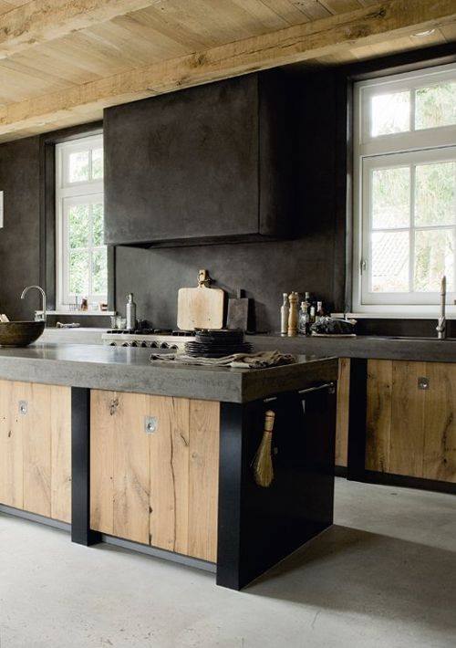 Modern Rustic Kitchen With Concrete Black Island