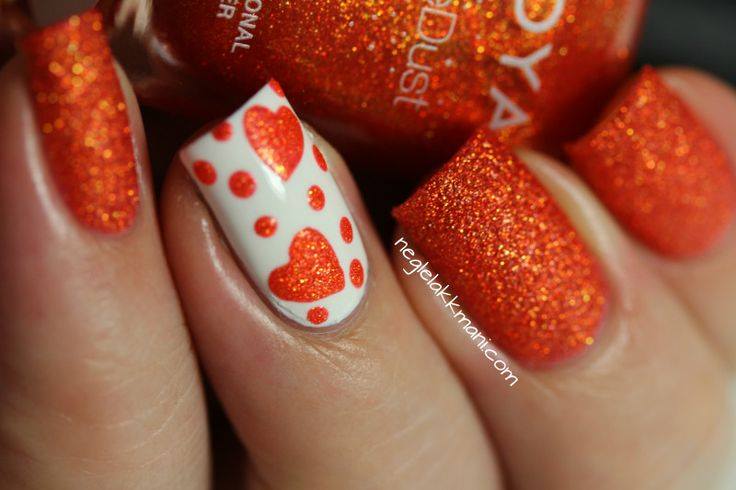 Orange Shimmer Nails With Heart