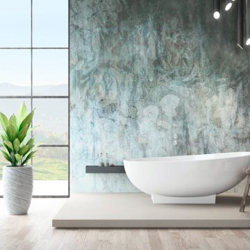 Perfect Contemporary Bathroom With Beautiful Wall Paint, Modern Free Standing Sink, Bathtub And Big Window For Natural View