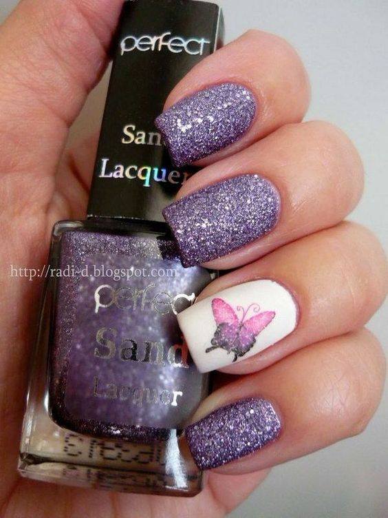 Purple Shimmer Nails With Butterfly