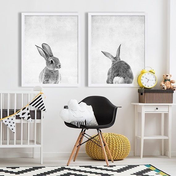 Ravishing Black & Grey Nursery With Mustard Garland & Bunny Wall Paintaings