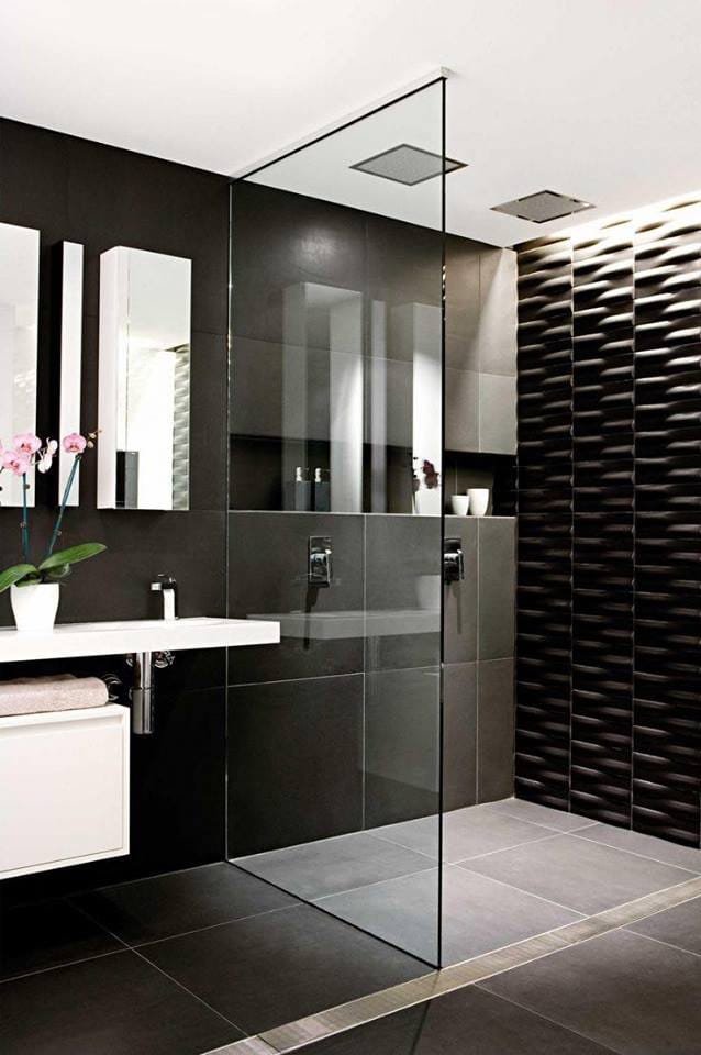 Sassy Black Tiles & White Cabinet With Glass Shower Seperation