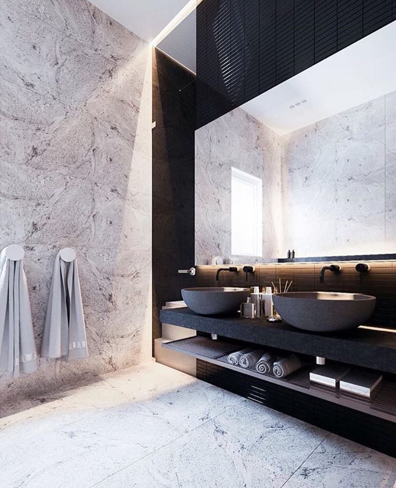 Specular Modern Bathroom Design With Marble Wall & Flooring, Big Mirror And Black Stylish Sink
